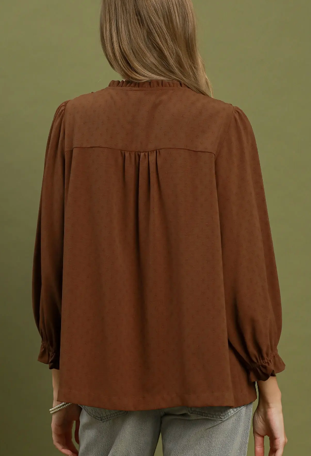 Sweet Ruffle Trim Top in Brown