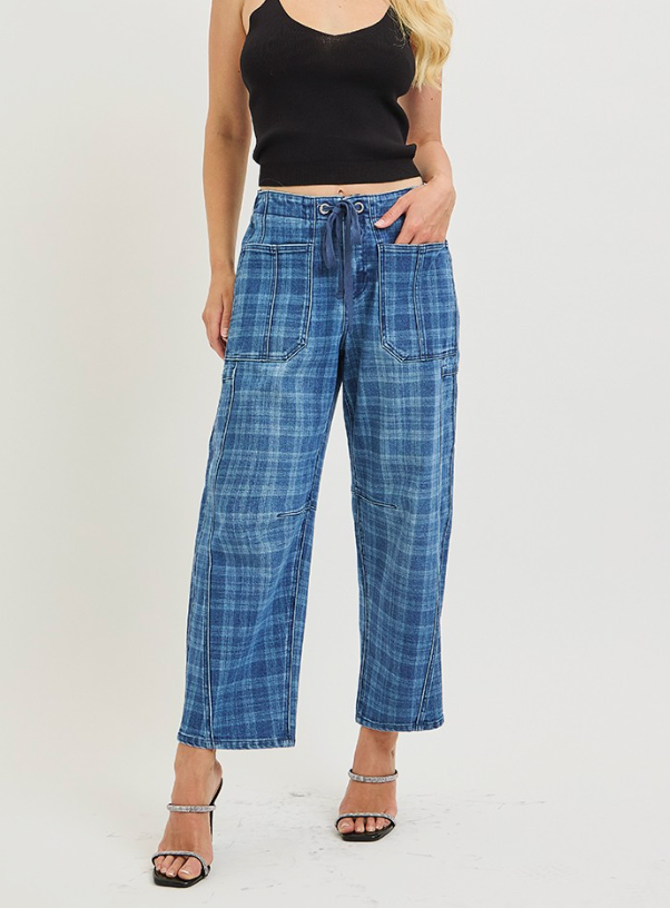 Happy Plaid Barrel Jean by Risen