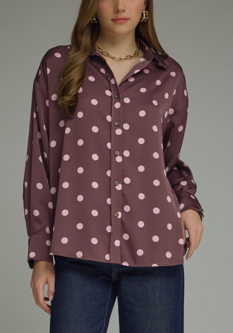 Delightful Day Polka Dot Top in Plum