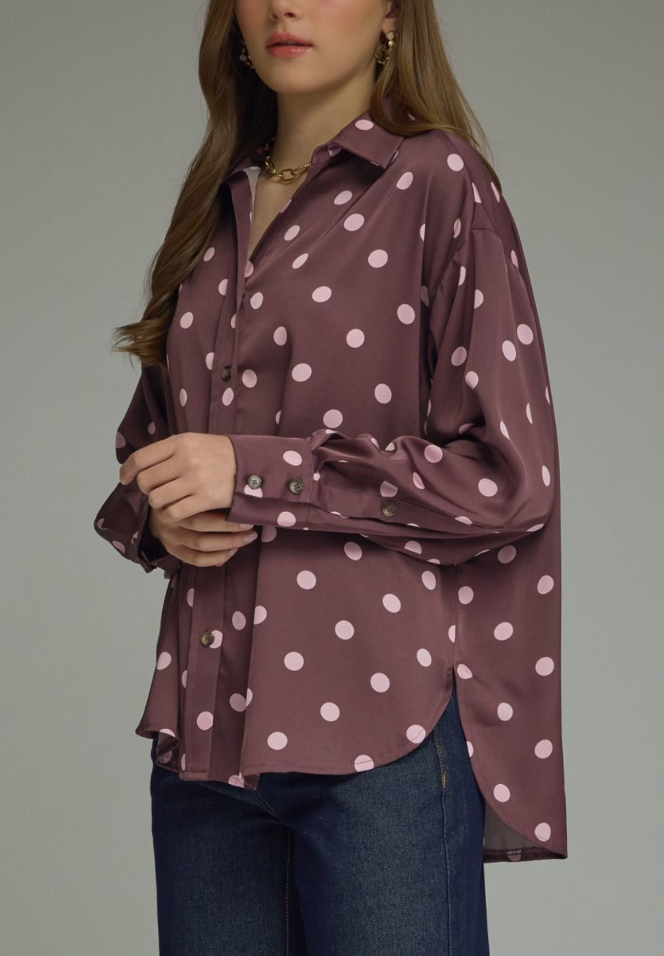 Delightful Day Polka Dot Top in Plum