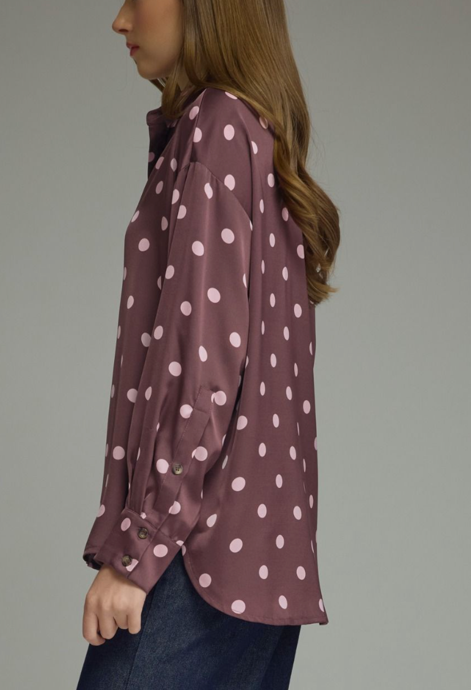Delightful Day Polka Dot Top in Plum