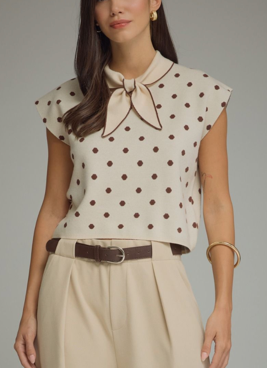 Sophisticated Polka Dot Sweater Top in Ecru