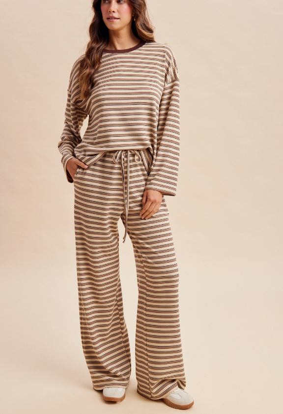 Comfort Level Striped Pant Set in Taupe