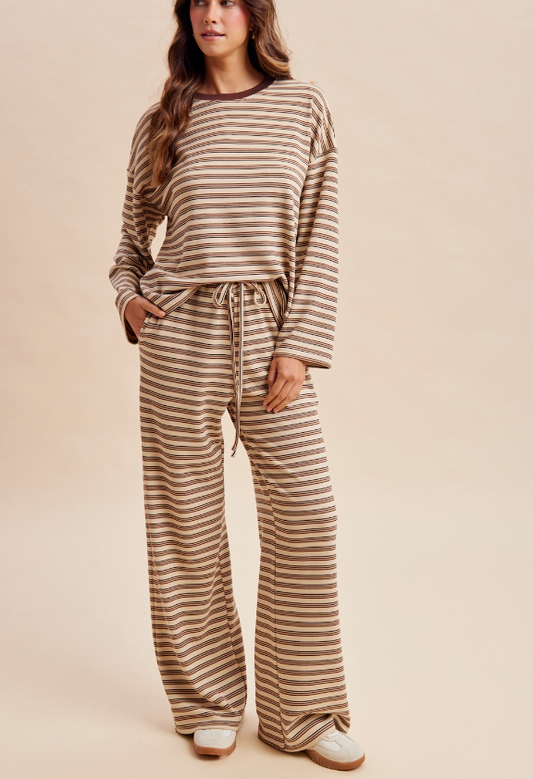 Comfort Level Striped Pant Set in Taupe