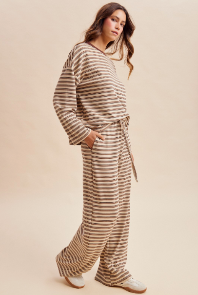 Comfort Level Striped Pant Set in Taupe