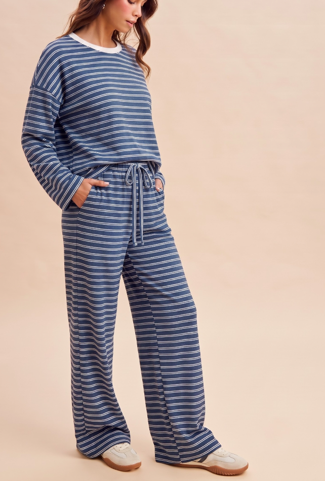 Comfort Level Striped Pant Set in Denim Blue