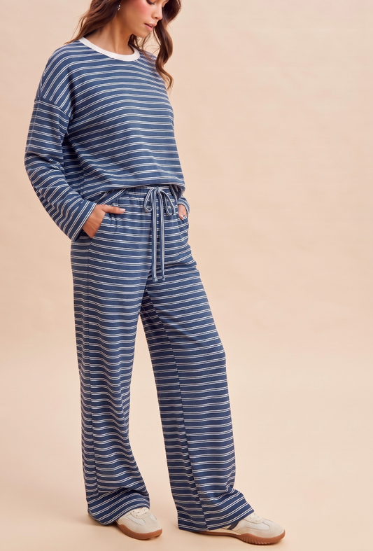Comfort Level Striped Pant Set in Denim Blue