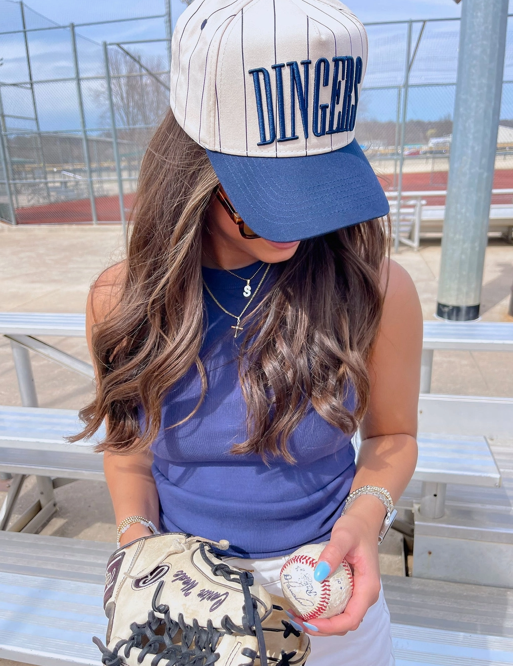 Dingers Striped Baseball Cap in Navy