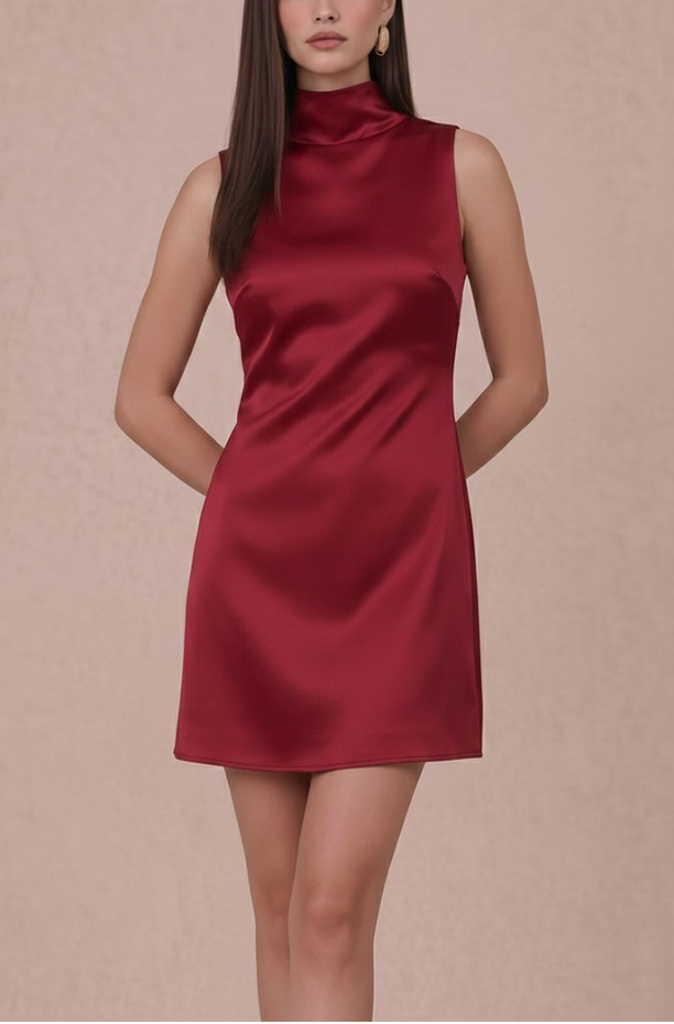 Holiday Glam Satin Dress in Burgundy