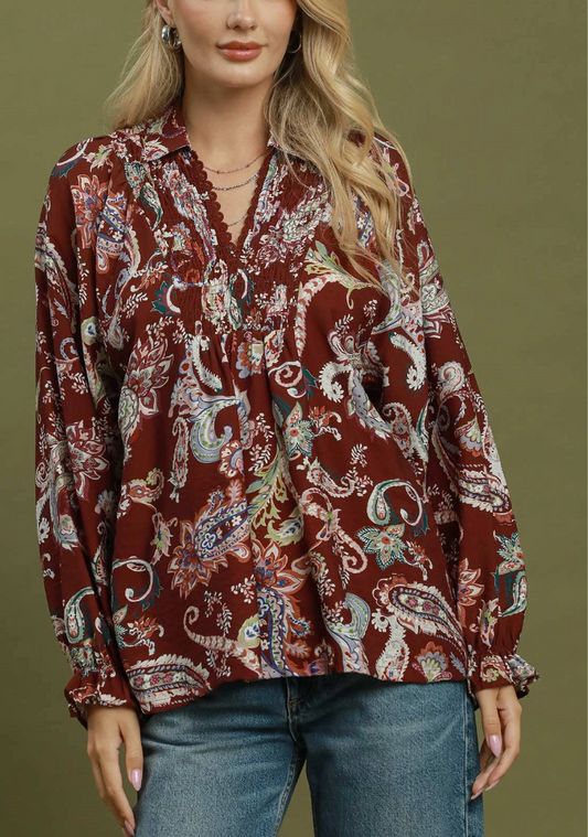 Pretty Paisley Print Top in Merlot