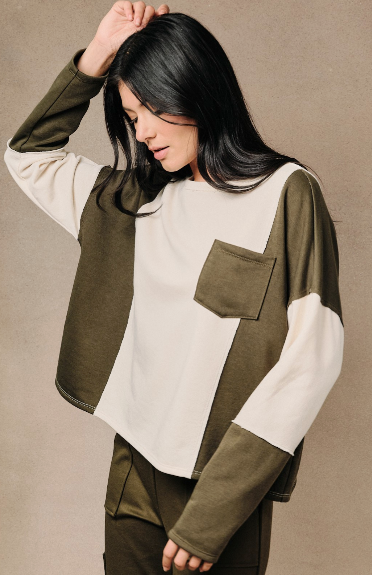 Off Duty Colorblock Top in Cream-Olive