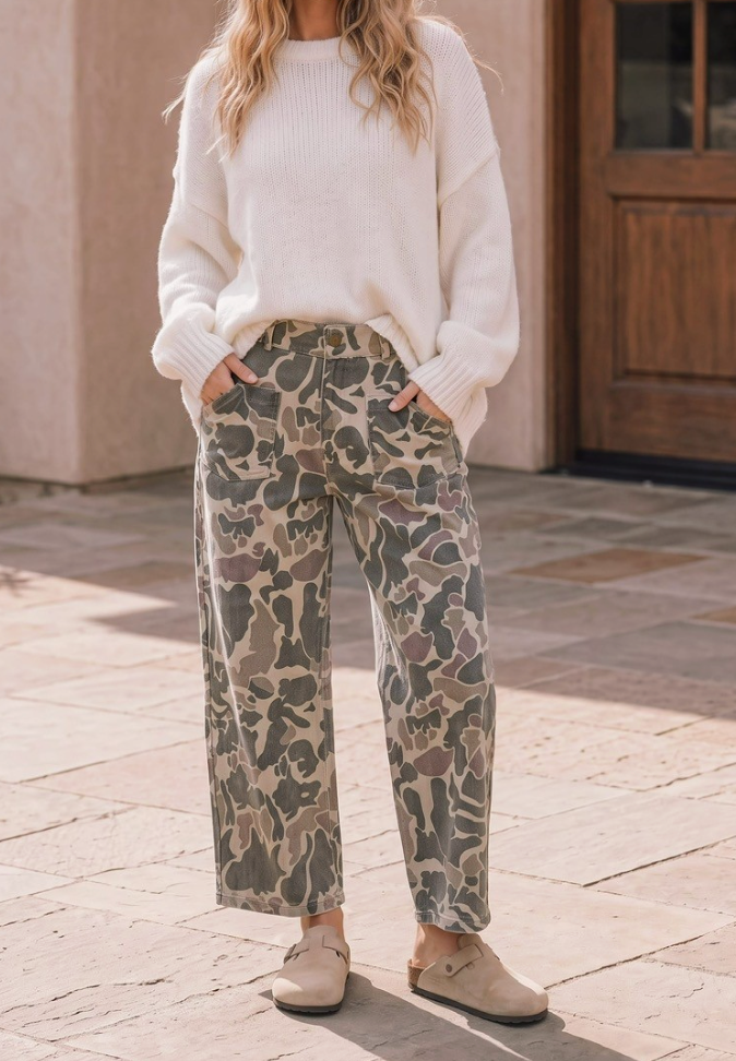 Camo Crush Pants in Cream/Olive