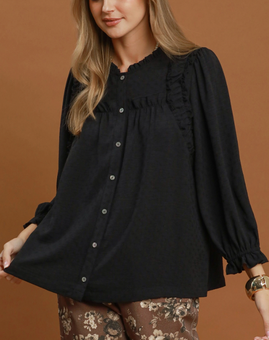 Sweet Ruffle Trim Top in Black