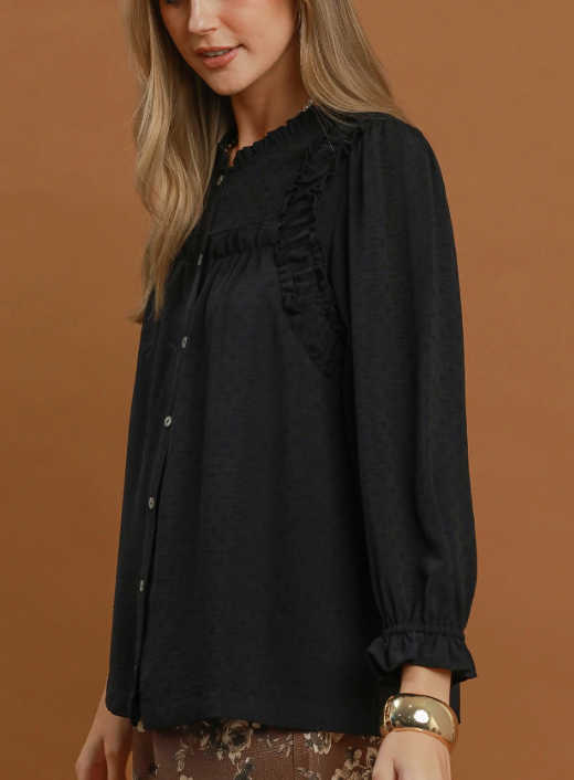 Sweet Ruffle Trim Top in Black