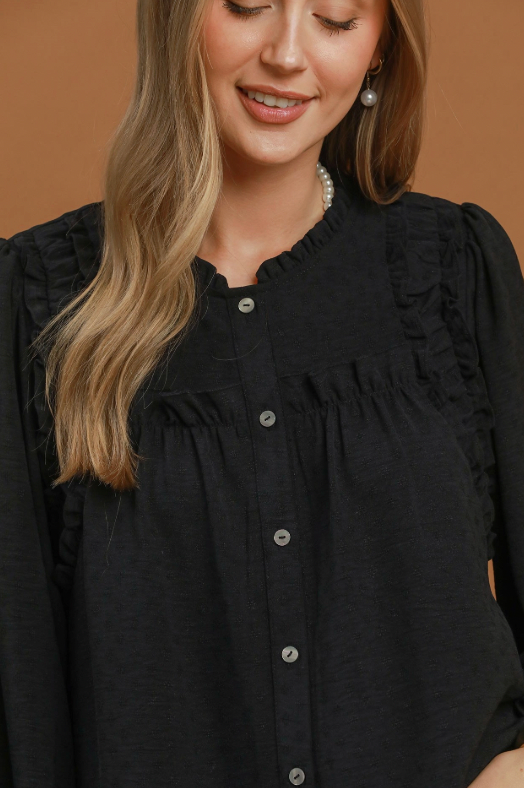 Sweet Ruffle Trim Top in Black