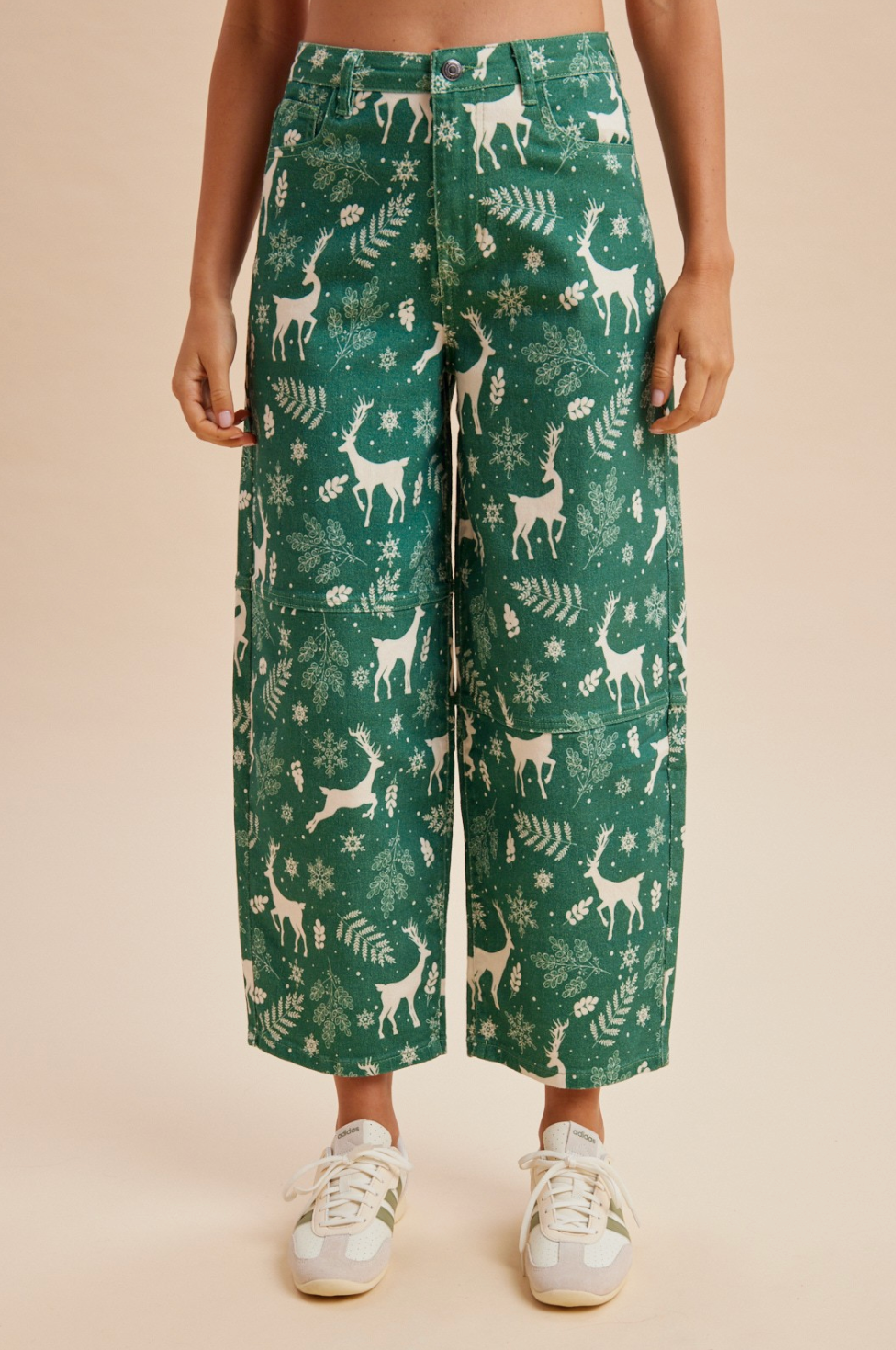 Reindeer Print Barrel Jean in Green