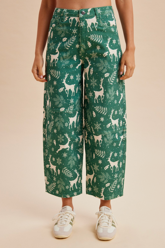 Reindeer Print Barrel Jean in Green