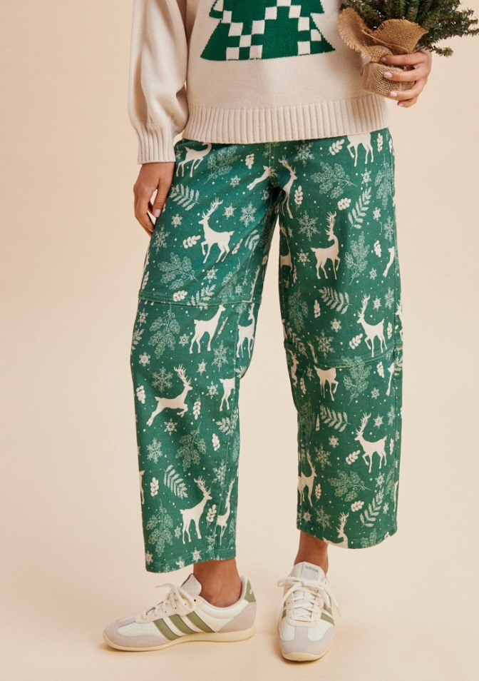 Reindeer Print Barrel Jean in Green