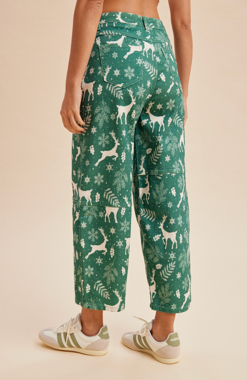 Reindeer Print Barrel Jean in Green