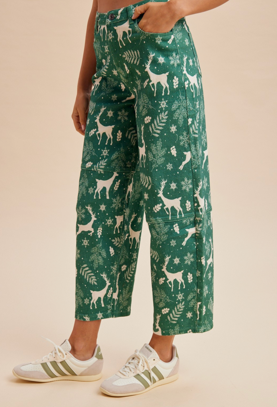 Reindeer Print Barrel Jean in Green