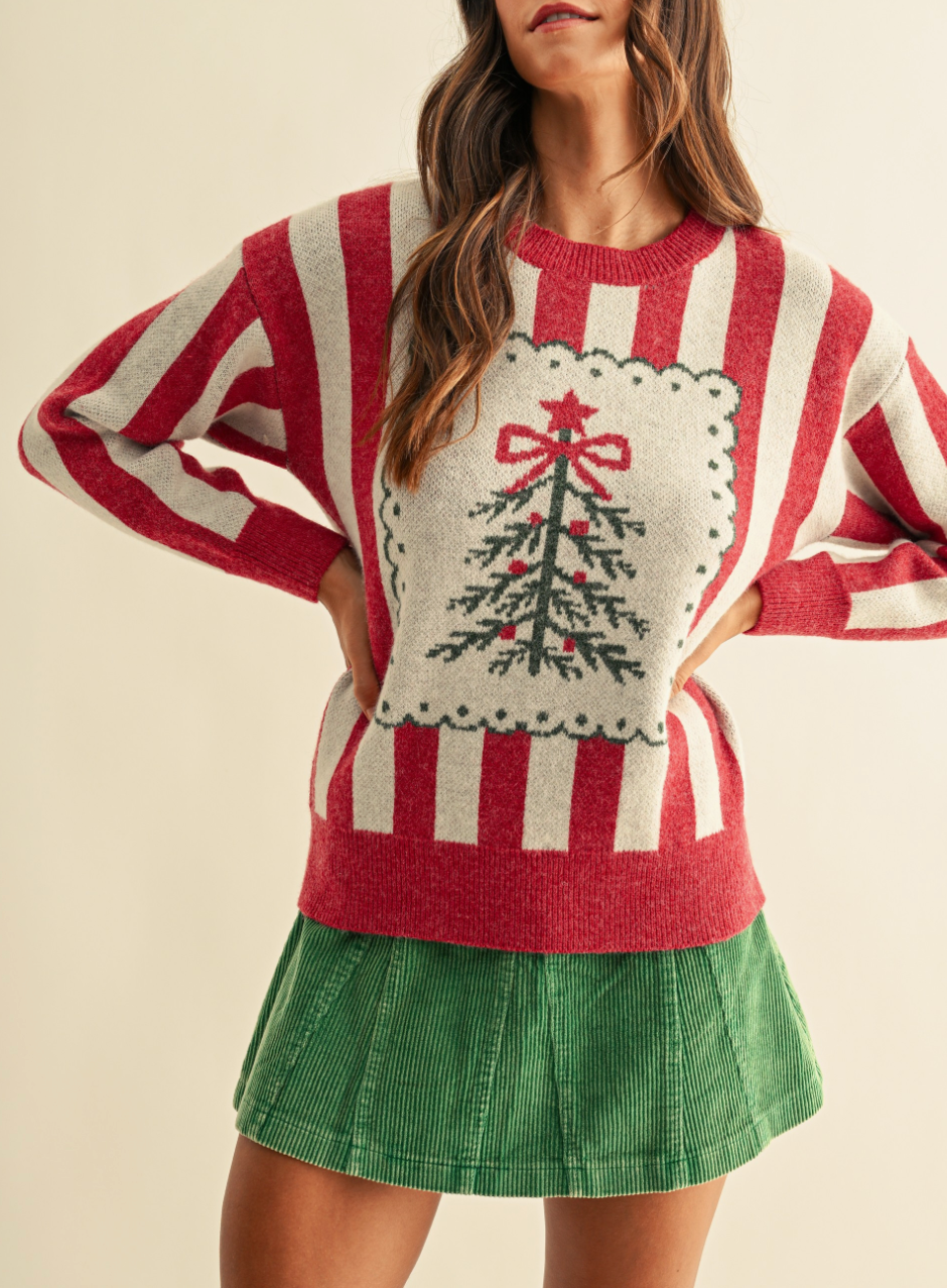 Vintage Christmas Tree Striped Sweater