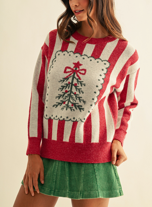 Vintage Christmas Tree Striped Sweater