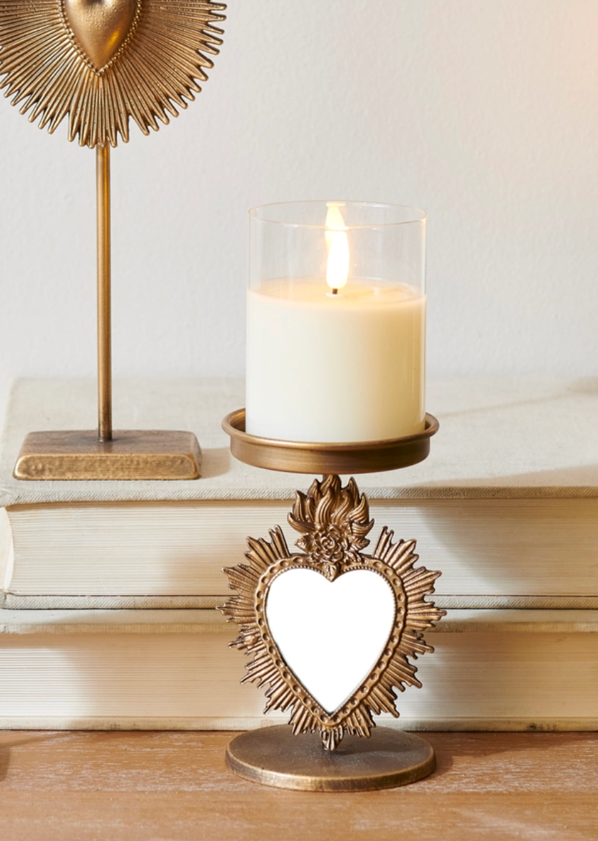Antique Gold Mirrored Heart Candle Holder