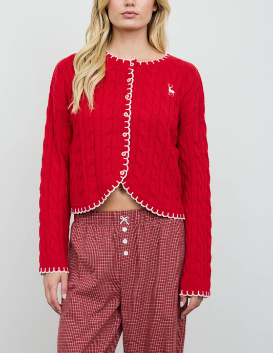 Oh Deer Scalloped Cardigan Sweater in Red