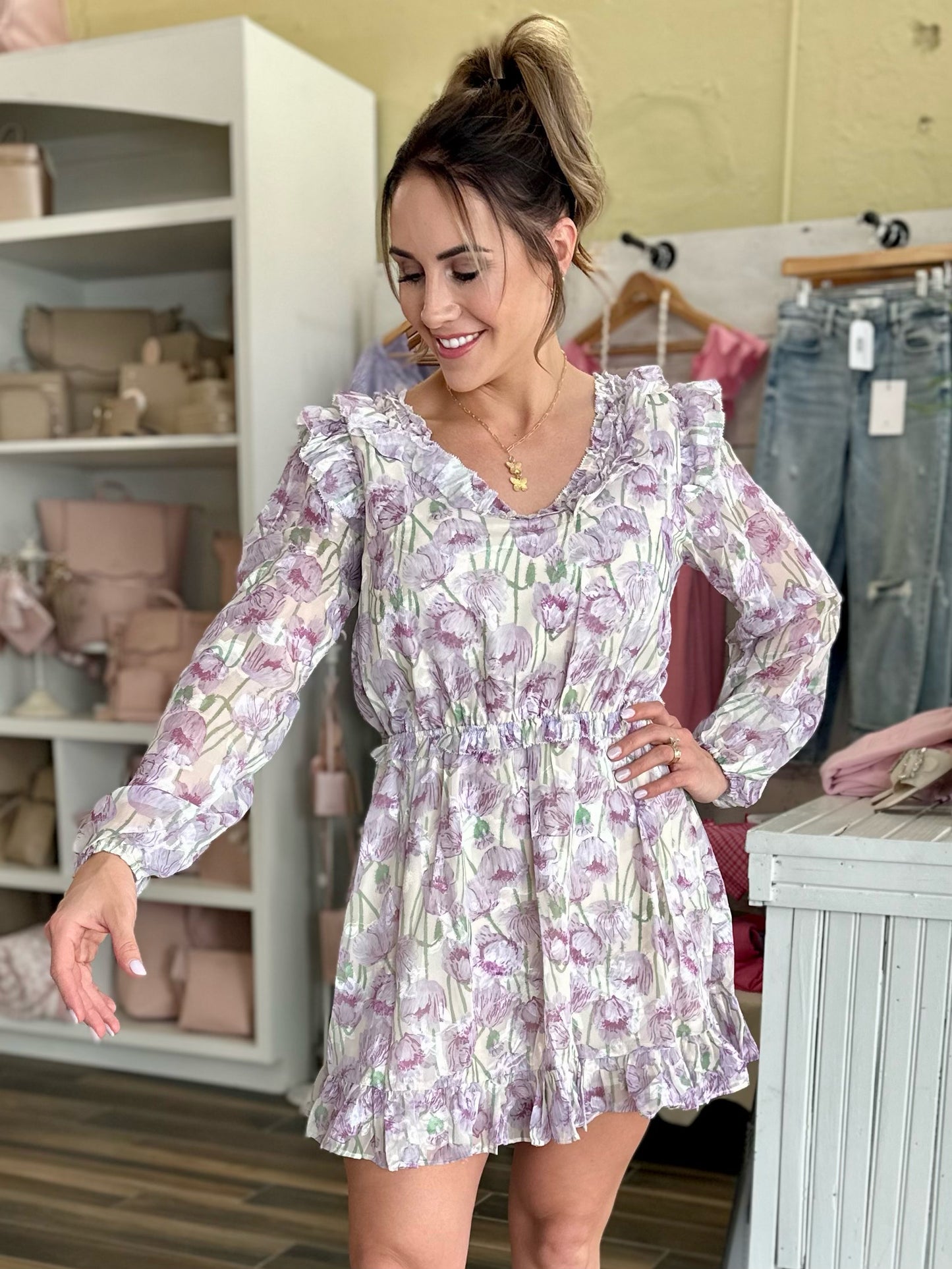 Leah Floral Lavender -Cream Chiffon